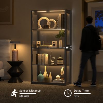 Image showing  68.9 in. H Black 4-Tier Display Cabinet with Tempered Glass Door and 3-Color Sensor Lights
