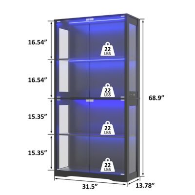 Image showing  68.9 in. H Black 4-Tier Display Cabinet with Tempered Glass Door and 3-Color Sensor Lights