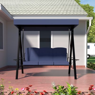 Veikous 3-Person Metal Patio Swing Chair with Converting Canopy, Detachable Cushion and Side Trays, Navy Blue