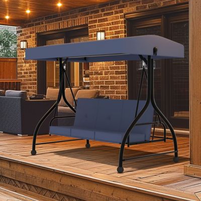 Veikous 3-Person Metal Patio Swing with Converting and Adjustable Canopy and Cushions in Navy Blue