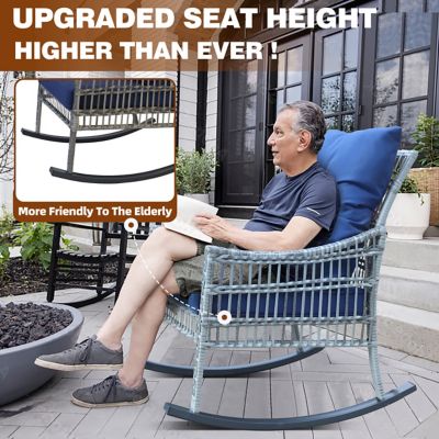 Image showing  Navy Blue 3 pc. Patio Wicker Outdoor Rocking Chair Set with Cushions and Pillows