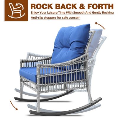 Image showing 8 th Veikous Navy Blue 3 pc. Patio Wicker Outdoor Rocking Chair Set with Cushions and Pillows