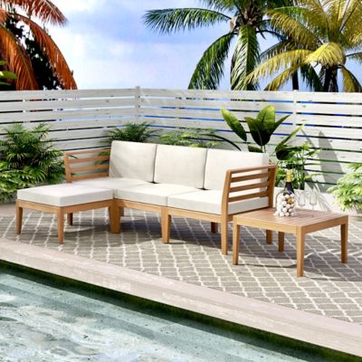 Image showing  Wood Coffee Table & L Shape Outdoor Couch Patio Sectional Sofa with All-Weather Cushion for Lawn,Deck,Backyard