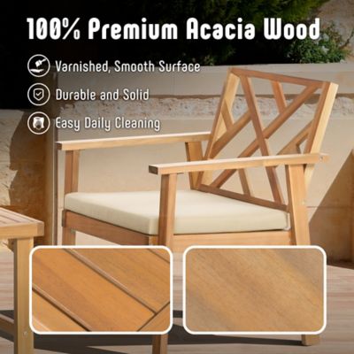 Image showing  Outdoor Patio Furniture Set, 4 pc. Wood Outdoor Patio Sofa Bench and 2 Single Sofa Chairs with Table & Padded Cushions