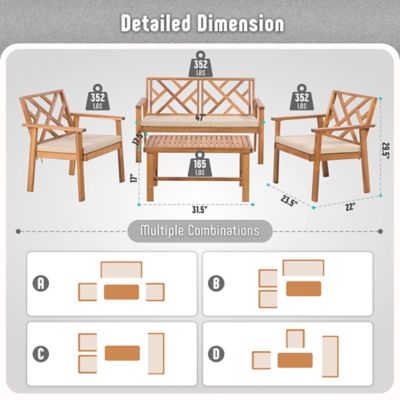 Image showing 5 th Werph Outdoor Patio Furniture Set, 4 pc. Wood Outdoor Patio Sofa Bench and 2 Single Sofa Chairs with Table & Padded Cushions