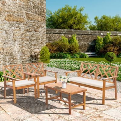 Image showing 6 th Werph Outdoor Patio Furniture Set, 4 pc. Wood Outdoor Patio Sofa Bench and 2 Single Sofa Chairs with Table & Padded Cushions