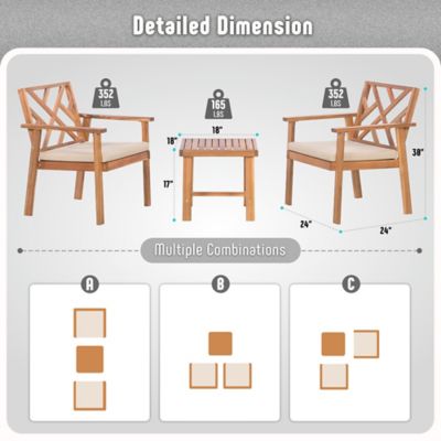Image showing  3 pc. Outdoor Patio Furniture Set, Acacia Wooden Conversation Patio Set with Padded Cushion Chairs and Coffee Table