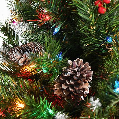 Image showing  7 ft. Mixed Frosted Hinged Tree with Frosted Pine Cones, Red Berries, and 450 Multicolored Lights