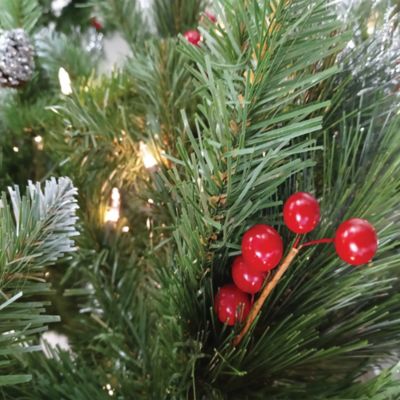 Image showing  7.5 ft. Mixed Hinged Tree with Glitter accented Bristles with Red Berries, Pine Cones, and 550 Clear lights