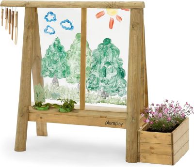 Plum Discovery Art Easel for Kids Outdoor Wooden Painting Easels with Paint Brush and Accessories, Wood Planter Box, Ages 3+