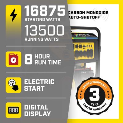 Image showing  13,500-Watt Electric Start Tri Fuel Home Backup Portable Generator with CO Shield