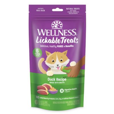 Wellness Lickable Treats Soft Puree Natural Grain Free Cat Treats, Duck, Contains 6 - 0.4 oz. Tubes