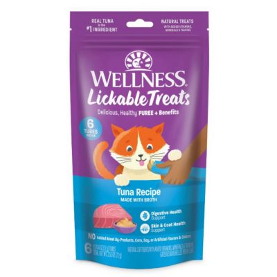 Wellness Lickable Treats Soft Puree Natural Grain Free Cat Treats, Tuna, Contains 6 - 0.4 oz. Tubes