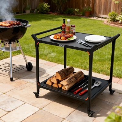 Image showing 8 th NUUK Premium 32 x 32in. Double Shelf Rolling BBQ Kitchen Prep Cart, Pizza Oven Table for Garden Patio