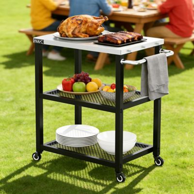 Image showing  Outdoor 3-Shelf Metal BBQ Grill Cart, Prep Table, Movable Cooking Statiion