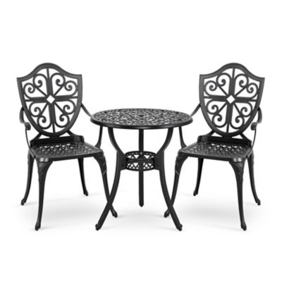 Image showing  24 in. Cast Aluminum Bistro Table with Umbrella Hole and 2 Bistro Chairs