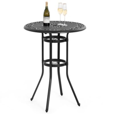 Image showing  Cast Aluminum Patio Bar Table with Vintage Hollow Tabletop, Umbrella Hole