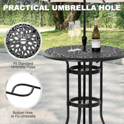 Image showing  Cast Aluminum Patio Bar Table with Vintage Hollow Tabletop, Umbrella Hole