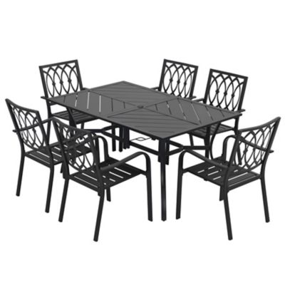 Image showing  7 pc. Metal Patio Dining Set with Umbrella Hole and 6 Stackable Chairs