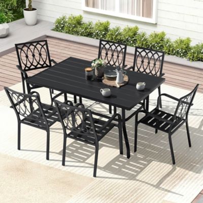 Nuu Garden 7 pc. Metal Outdoor Dining Set with Umbrella Hole and 6 Stackable Chairs