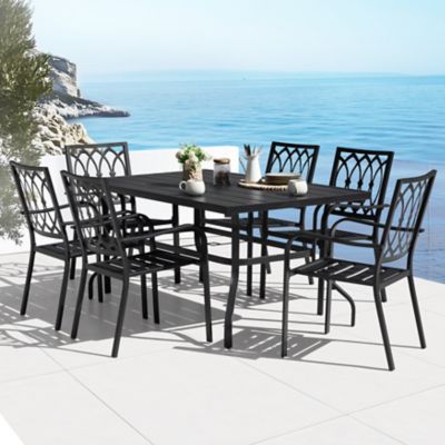 Image showing 9 th Nuu Garden 7-Piece Metal Outdoor Dining Set with Umbrella Hole and 6 Stackable Chairs