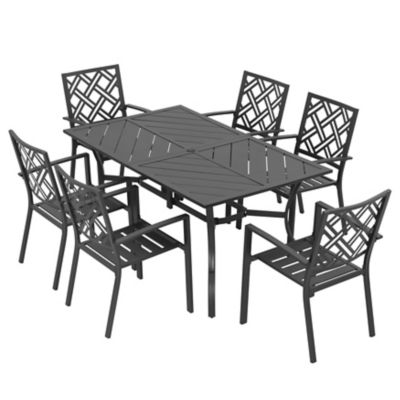 Image showing  7 pc. Metal Rectangle Patio Dining Set with Umbrella Hole, Stackable Design