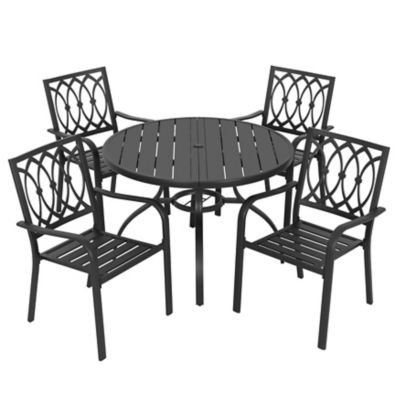 Image showing  5 PC Metal Patio Dining Set with Umbrella Hole and 4 Stackable Chairs