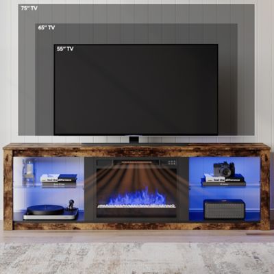 Image showing  75 in. Fireplace TV Stand with Glass Shelves 70 in. Contemporary Media Cabinet, LED Entertainment Center for Living Room