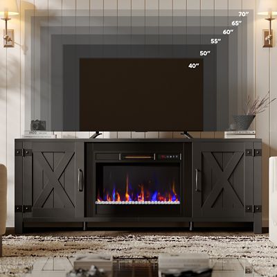Image showing  63 in. Farmhouse TV Stand with Electric Heater & Barn Door for 70 in. TVs, Ample Storage Cabinet for Living Room
