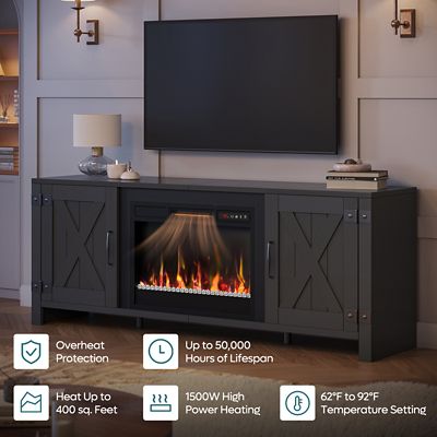 Image showing  63 in. Farmhouse TV Stand with Electric Heater & Barn Door for 70 in. TVs, Ample Storage Cabinet for Living Room