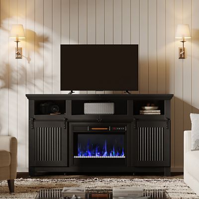 Image showing  60 in. Fireplace TV Stand with Remote Control, Farmhouse Style with Sliding Barn Door for Cozy Living Room