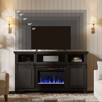 Image showing  60 in. Fireplace TV Stand with Remote Control, Farmhouse Style with Sliding Barn Door for Cozy Living Room