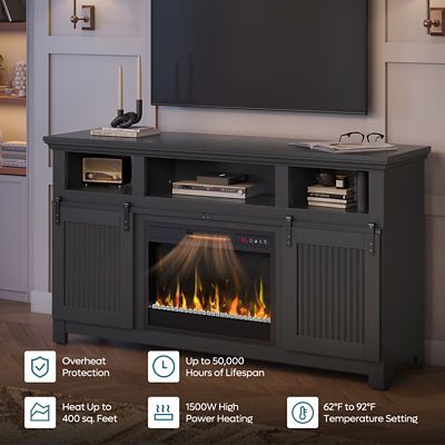 Image showing  60 in. Fireplace TV Stand with Remote Control, Farmhouse Style with Sliding Barn Door for Cozy Living Room