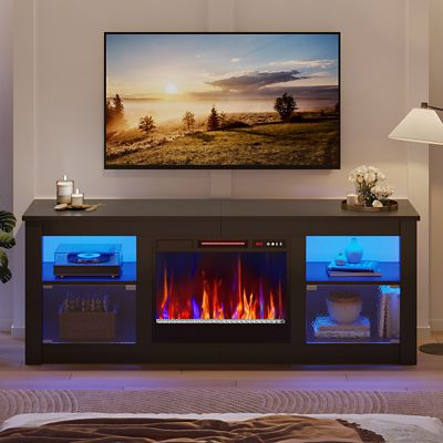 Image showing  63 in. Electric Fireplace TV Stand for 70 in. TVs, Textured Door, Glass Shelves & Ample Storage