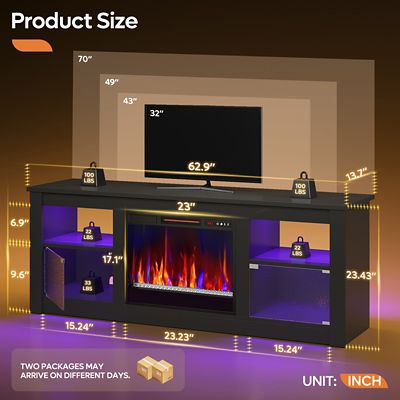 Image showing  63 in. Electric Fireplace TV Stand for 70 in. TVs, Textured Door, Glass Shelves & Ample Storage