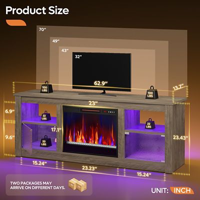 Image showing  63 in. Electric Fireplace TV Stand for 70 in. TVs, Textured Door, Glass Shelves & Ample Storage