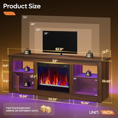 Image showing  63 in. Electric Fireplace TV Stand for 70 in. TVs, Textured Door, Glass Shelves & Ample Storage