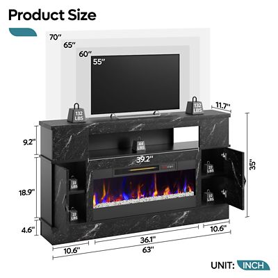 Image showing  63 in. LED Fireplace TV Stand for 70 in. TVs 23 in. Electric Fireplace & Spacious Storage, Media Console for Living Room