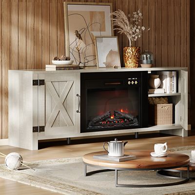 Image showing 5 th Bestier 70 in. Farmhouse TV Stand with Electric Heater & Sliding Barn Door, Ample Storage Media Console for Living Room