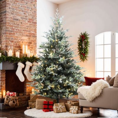 Image showing  7 ft. Pre-Lit Green Artificial Fir Christmas Tree with Mistletoe Decorations and Metal Stand