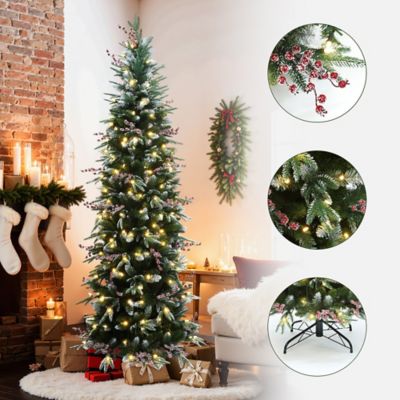 Image showing  7.5 ft. Pre-Lit Pencil Artificial Christmas Tree with Frosted Tips and Red Berries