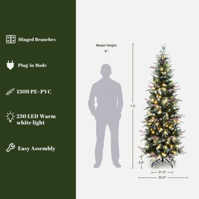 Image showing  7.5 ft. Pre-Lit Pencil Artificial Christmas Tree with Frosted Tips and Red Berries