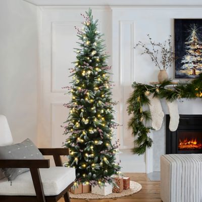 Image showing  7.5 ft. Pre-Lit Pencil Artificial Christmas Tree with Frosted Tips and Red Berries