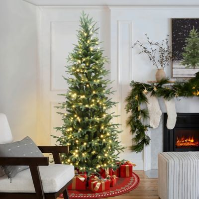 Image showing  7.5 ft. Pre-Lit Green Slender Artificial Christmas Tree with Metal Stand