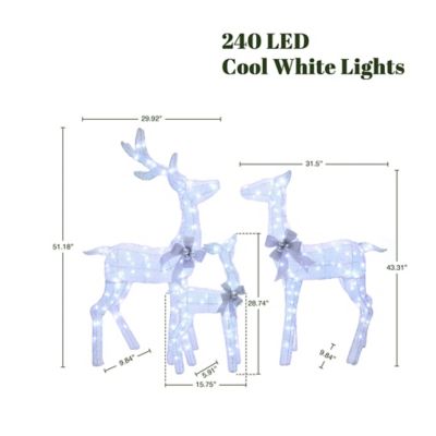 Image showing  Lighted White Deer with Silver Bows, Indoor Outdoor Christmas Decoration, Set of 3