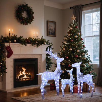 Image showing  Lighted White Deer with Silver Bows, Indoor Outdoor Christmas Decoration, Set of 3