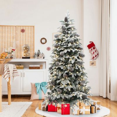 Image showing  6 ft. Pre-Lit Flocked Artificial Pine Christmas Tree with Pinecones and Metal Stand