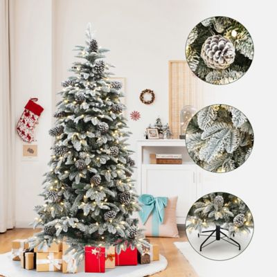 Image showing  6 ft. Pre-Lit Flocked Artificial Pine Christmas Tree with Pinecones and Metal Stand