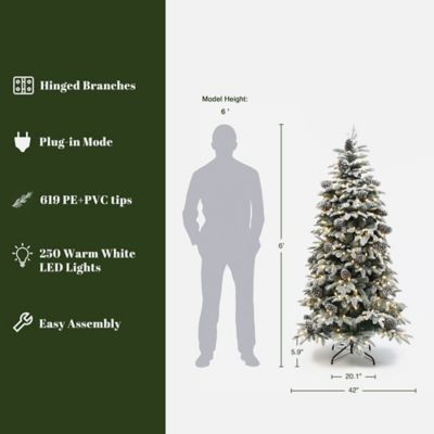 Image showing  6 ft. Pre-Lit Flocked Artificial Pine Christmas Tree with Pinecones and Metal Stand