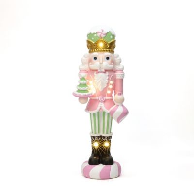LuxenHome 3 ft. Lighted Nutcracker Pink Soldier with Candy Tree, Battery Operated Holiday Decoration